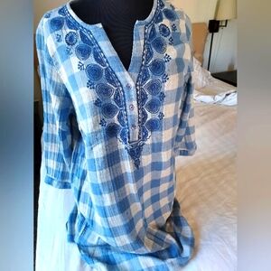 Soft Surroundings  blue/white gingham top with embroidery. Tunic style, sz m